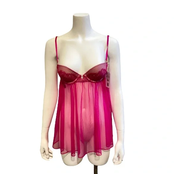 VICTORIA'S SECRET Soft Pink and Fuschia Lace Babydoll Bra Top, size 34B - Picture 4 of 15